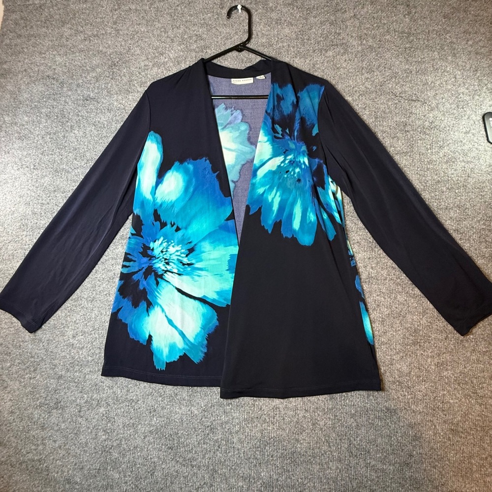 Susan Graver Womens Blue Floral Open Front Liquid Knit Cardigan Size M Navy